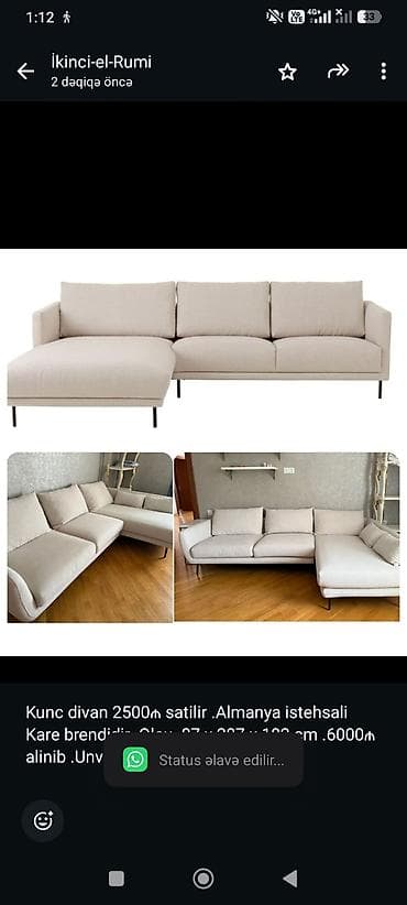 koja divanlar: Kunc divan 2500₼ satilir .Almanya istehsali Kare brendidir .Olcu 87 x — 1