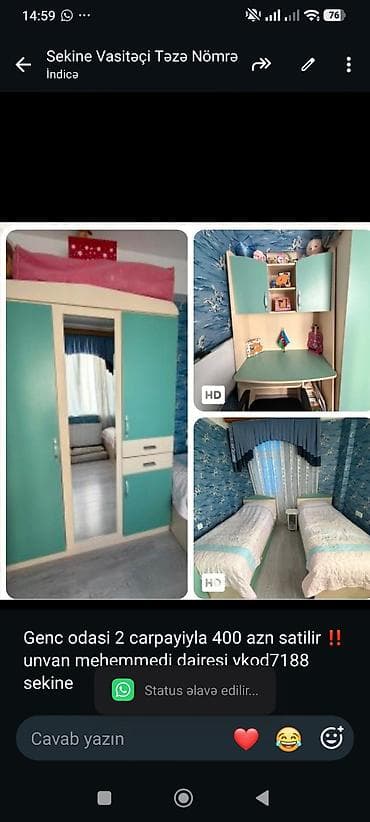 Genc odasi 2 carpayiyla 400 azn satilir ‼️unvan mehemmedi dairesi lalafo.az -da Genc odasi 2 carpayiyla 400 azn satilir ‼️unvan mehemmedi dairesi