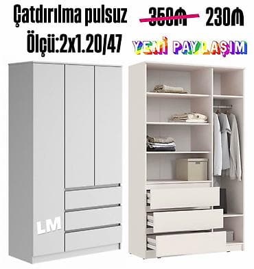 3 qapılı, Siyirməli, Ağ, Digər material, Açılan, Düz dolab