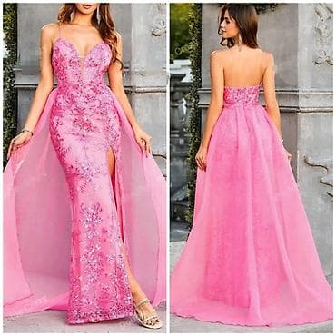 h m: Puşa-çəhrayı rəngdə uzun ziyafət geyimi - Material: üst hissə və ətək — 6