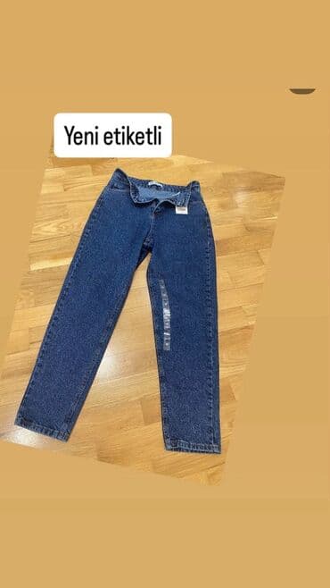 Qadın üçün klassik mavi cins şalvar - Model: Yüksək belli, düz kəsim