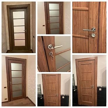 İç qapı – ağac teksturalı, isti qəhvəyi tonlarda, müasir dizayn. -