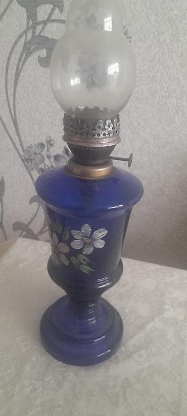Mavi şüşədən klassik kerosin lampa - Material: qalın, kobalt-mavi