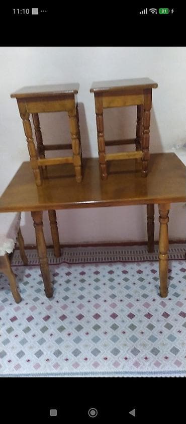 stol ev ucun: 077 613 12 74 Taxta masa və 4 ədəd taburet dəsti - Material: tam ağac — 1