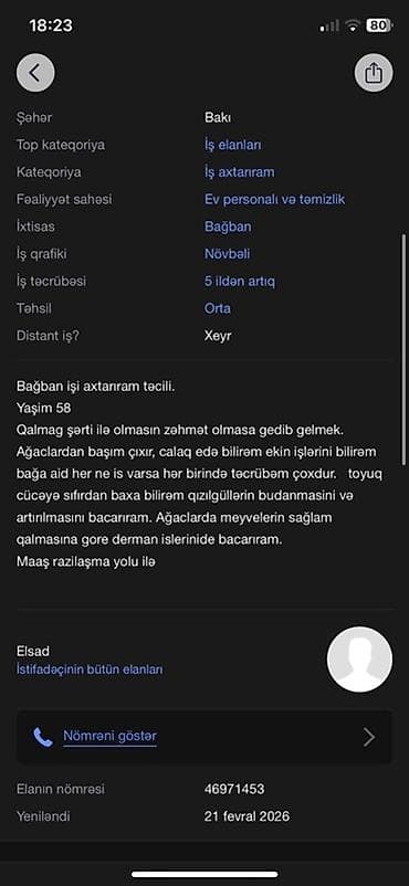 Xidmət: Bağban işi axtarıram (Bakı) - İxtisas: Bağban - Fəaliyyət