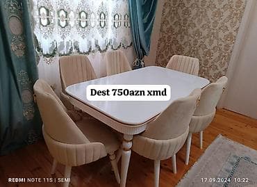 gold mebel: Yemək otağı üçün masa və 6 stul dəsti - Masa: Ağ rəngdə, yumşaq — 1