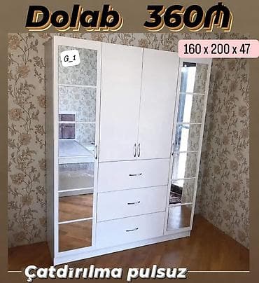 Ağ rəngli paltar dolabı – 3 qapılı, 4 çekmecəli model. Yanlarda tam — 1