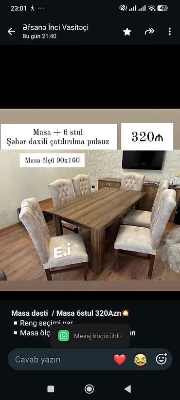 *Masa dəsti / Masa 6stul 320Azn💥* ▫️Reng seçimi var ▫️Masa ölçü — 1
