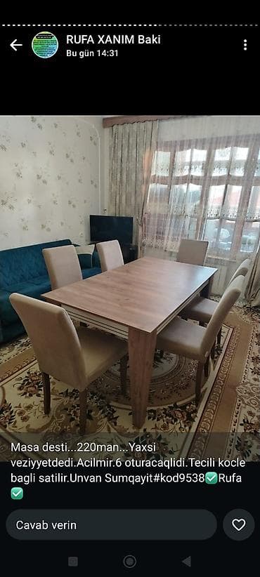 Qonaq otağı üçün, Açılmayan, Dördbucaq masa, 6 stul