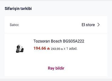 tiftik temizleyen: 200 azn alinib koce gore satiram tecili Bosch BGS05A222 tozsoran - — 3