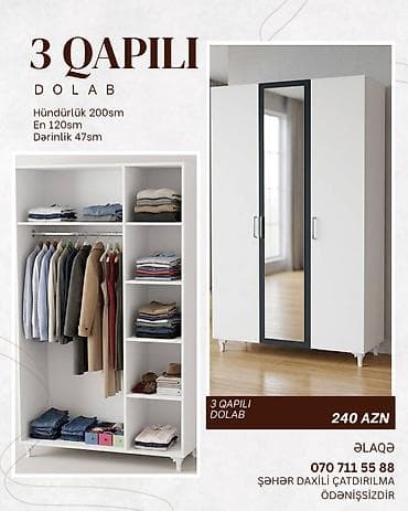 3 qapılı geyim dolabı Ölçülər: - Hündürlük: 200 sm - En: 120 sm -