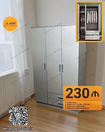 qab dolabi: 3 qapılı geyim dolabı - Ölçülər: Dərinlik 47 sm, Hündürlük 200 sm — 1