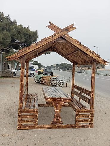 bag evleri dizayn: Dördbucaq masa, 6 stul, Açılmayan, Skameykalar ilə, Taxta — 1