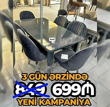 Yemək otağı dəsti – 1 masa + 6 stul - Rəng: tünd boz/qrafit tonları -