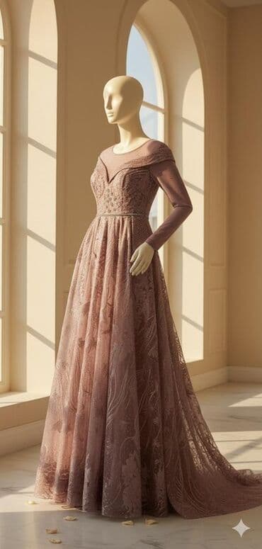 yumru busqalter: Zərif axşam/libas – toz pudrası tonlarında uzun, A-kəsim ətəkli model — 1