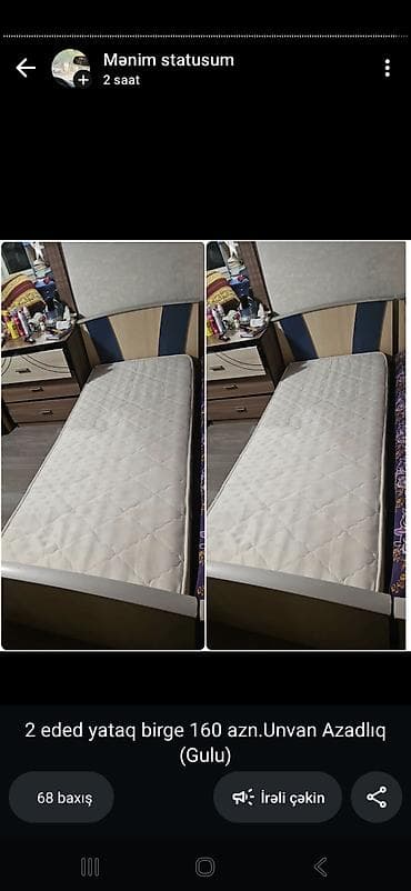 carpayl: Tək nəfərlik çarpayı satılır 140₼. 1 ay işlənib.matras daxildir.ölçü — 1