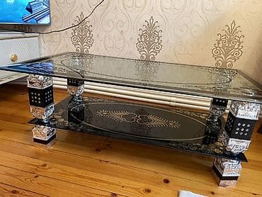 стеклянный стол на кухню купить: Şüşə jurnal masası - İki mərtəbəli dizayn: üstü şəffaf şüşə, alt rəf — 1