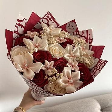 ağ gilas mürəbbəsi: Satınalma üçün əl işi süni gül buketləri - Material: atlas/saten — 8