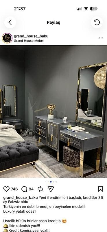 bal: Luxury Yataq Otağı Dəsti - Zərif qızılı detallar və tünd boz rəng — 1