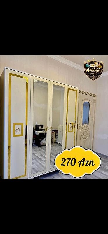 paltar şfaneri: 4 qapılı güzgülü paltar dolabı - Rəng: ağ, qızılı dekor xətləri və — 1