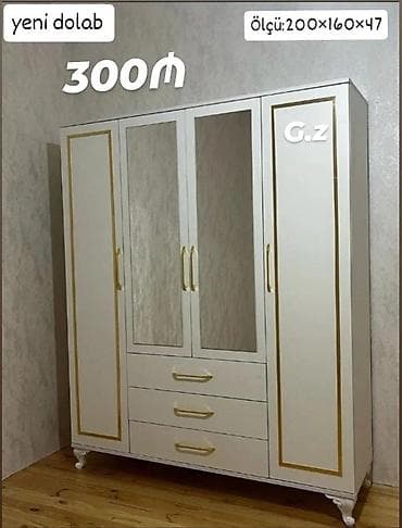 4 qapılı, Güzgülü, Ağ, Açılan, Düz dolab
