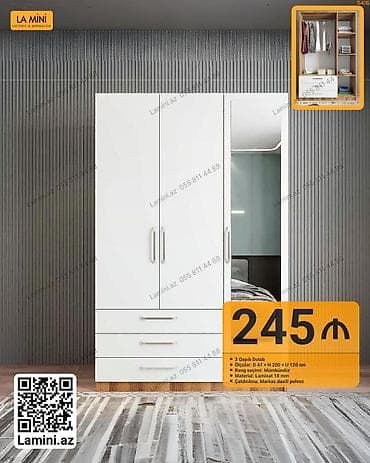 plasmas skaflar: 3 qapılı dolab - Ölçülər: Dərinlik 47 sm x Hündürlük 200 sm x Uzunluq — 1