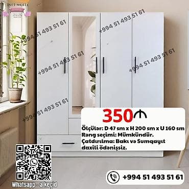 Yeni, 4 qapılı, Güzgülü, Ağ, Açılan, Düz dolab — 1