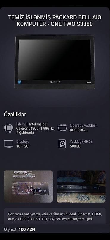 ikinci əl kompüter: Özəllikləri prosessor: intel inside celeron j1900 1.99ghz 4 — 1