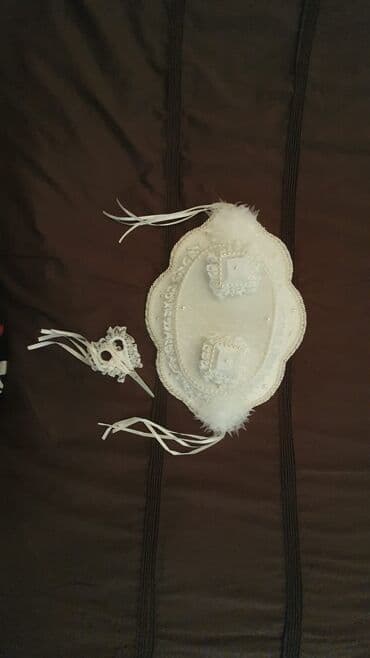 Bəy-gəlin üçün nikah üzük yastığı və qayçı bəzəyi dəsti. - Rəng: ağ -