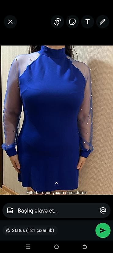 mini etek: Mavi rəngli qadın qısa don Ölçü M - Model: mini uzunluqda, qolu uzun - — 1
