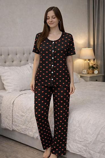 Gecəliklər: Qadın pijama dəsti – qısa qollu, düyməli üst və uzun şalvar - Dizayn — 2