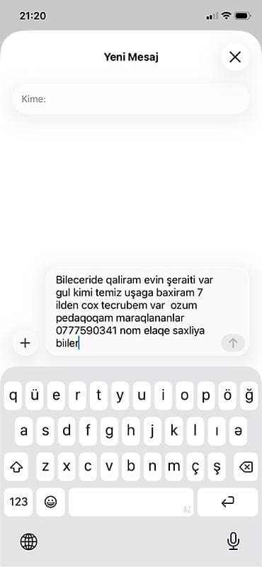 Uşaq baxıcısı xidməti – Biləcəri - Məkan: Biləcəri - Xidmət: Ev