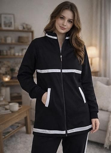 Qara rəngdə idman dəsti - Qadın üçün - Dəst: uzun qollu fermuarlı üst