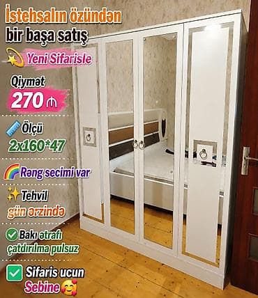 dolap ofis: - Ağ rəngdə dörd qapılı geyim şkafı, iki qapıda tam boy güzgü — 1