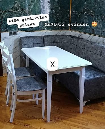 Mətbəx üçün künc dəsti - 1 ədəd düzbucaqlı ağ masa - 2 ədəd ağ taxta — 1