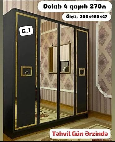 dolab gence: Yeni, 4 qapılı, Güzgülü, Qara, Açılan, Düz dolab — 1