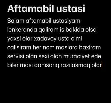 paltaryuyan temiri ustasi bakı: Aftomobil ustası xidmətləri - Xadovoy üzrə usta kimi çalışıram, hər — 1