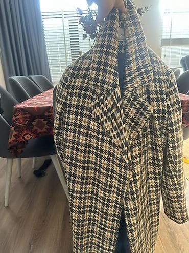 Xanım palto – xaki/qara/krem rənglərində xırda dama (houndstooth)
