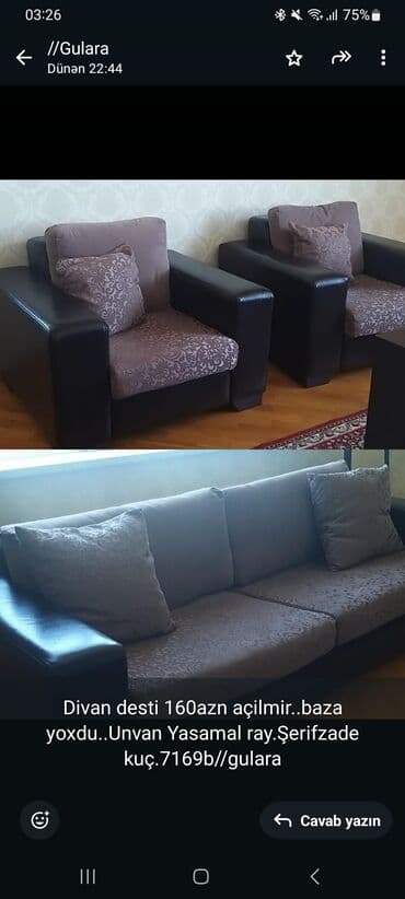 metbex kunc divanlari qiymetleri: Divan, 2 kreslo, Bazasız, Açılmayan — 1