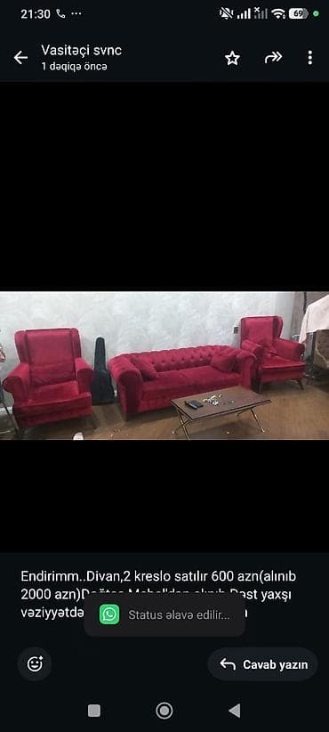 Endirimm. Divan,2 kreslo satılır 600 azn(alınıb 2000 azn)Doğtaş — 1