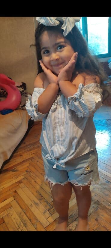 детские летние шорты: Uşaq geyim dəsti – mavi-ağ zolaqlı bluz və cins şort - Bluz — 1