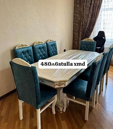 stol stul metbex ucun: Qonaq otağı üçün, İşlənmiş, Dördbucaq masa, 8 stul — 1