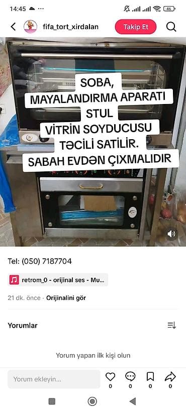 Mağaza avadanlığı: Peç, mayalandırma aparatı, stul və vitrin soyuducusu satılır. Məhsul — 1