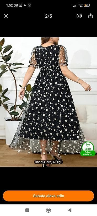 qadin don: Qara rəngli çiçək naxışlı qadın paltarı - Stil: A-kəsim, midi/uzunluq — 3