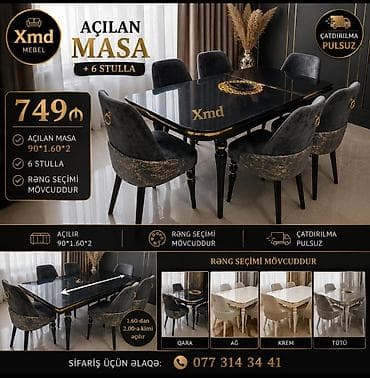 Açılan masa + 6 stul dəsti - Ölçü: 90×160 sm, açıldıqda 200 sm-ə