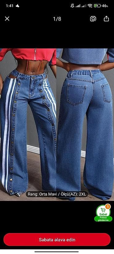 Qadınlar üçün geniş kəsimli cins şalvar - Rəng: Orta mavi - Ölçü — 1