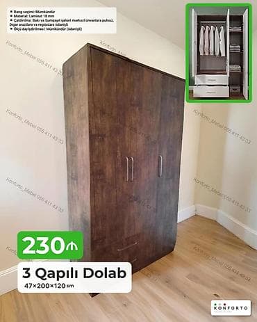 3 qapılı geyim dolabı Ölçü: 47 × 200 × 120 sm Qiymət: 230 ₼ — 1