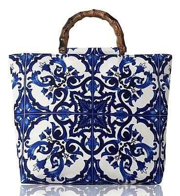 ucuz zapi: Mavi-ağ naxışlı tote çanta - Dizayn: Ağ fon üzərində dərin mavi — 2