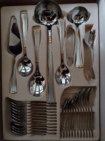 Qızılı haşiyəli paslanmayan poladdan böyük süfrə ləvazimatları dəsti