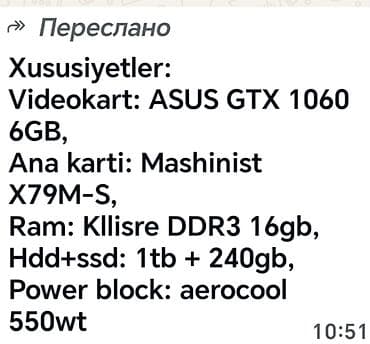 Komplekt masaüstü kompüter + monitor Komponentlər: - Videokart: ASUS